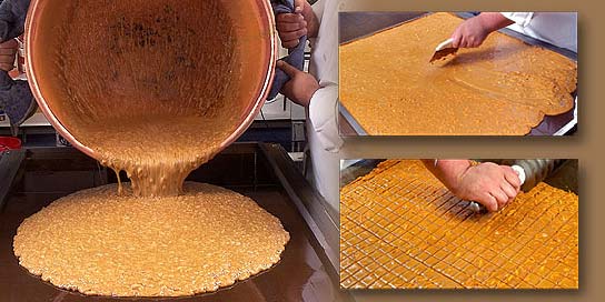 Photo of English Toffee pieces being made in an Alaska Wild Berry Candy Kitchen