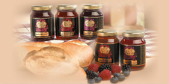 Photo of jam jars being displayed in an Alaska Wild Berry Candy Kitchen
